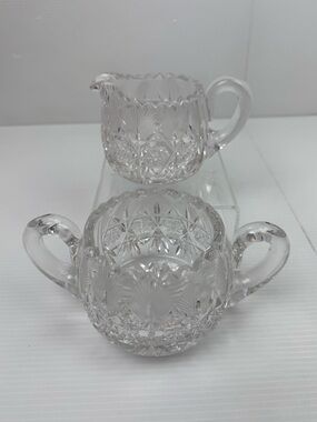 VTG American Brilliant Cut Crystal Glass Clear Starburst Fan Cream & Sugar Set